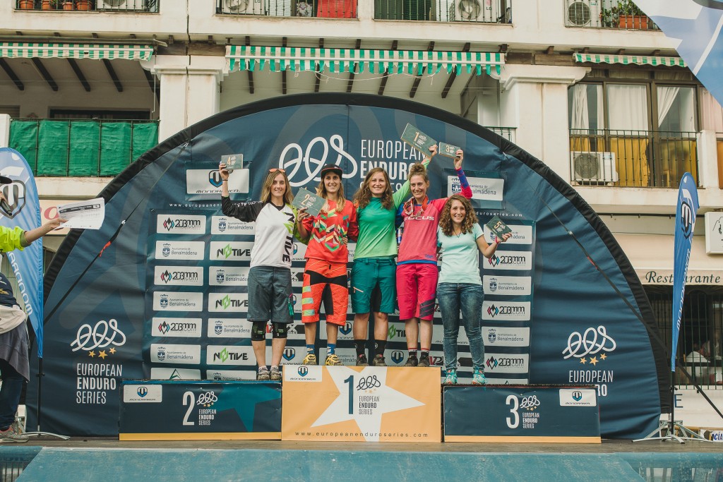 Fourth placed Laura KONIKOWSKI (GER), Second placed Sandra BOERNER (GER), SANCHES (ESP), event winner Lisa POLICZKA (GER), third placed Steffi TELTSCHER (GER) and fifth placed Miriam ALCANTARA (ESP) celebrate with their trophies during the 5th stop of the European Enduro Series in Malaga / Benalmadena, Spain, on October 18, 2015. Free image for editorial usage only: Photo by Antonio Lopez
